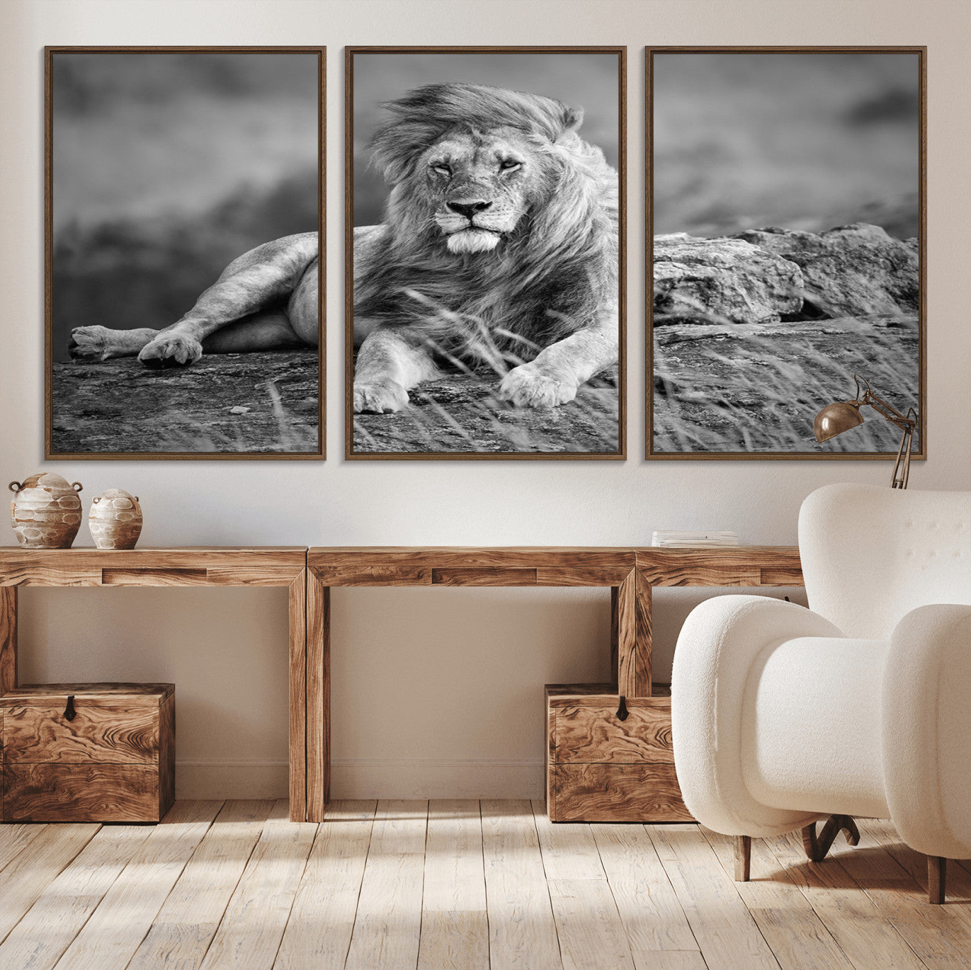 68679-MGV-CV-36X24-King Forest Lion Wall Art Canvas Print – Framed Majestic Wildlife Scene with Regal Lion Artwork for Home, Office