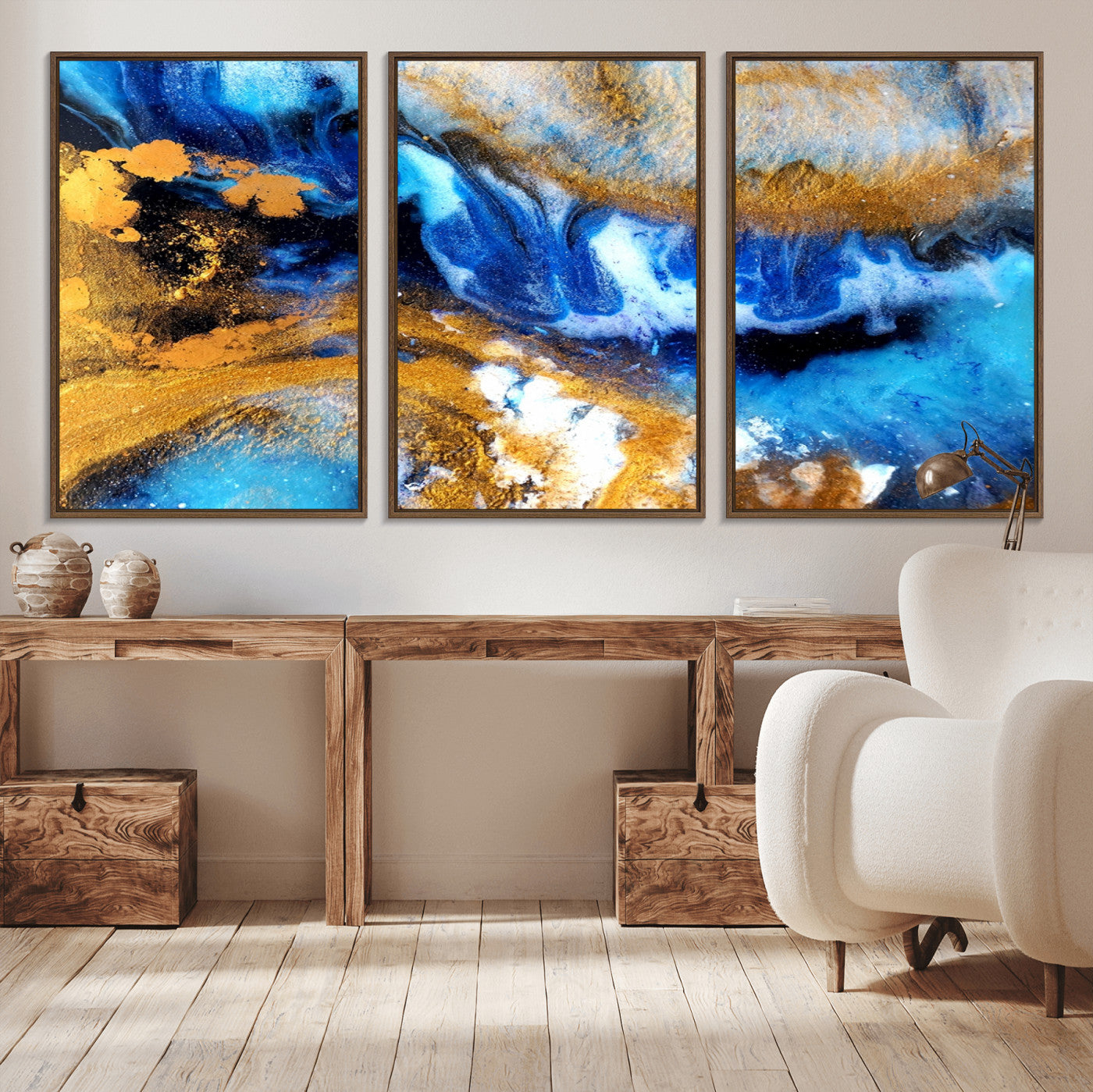 42100-MGV-CV-36X24-Blue Orange Marble Fluid Effect Canvas Wall Art Print