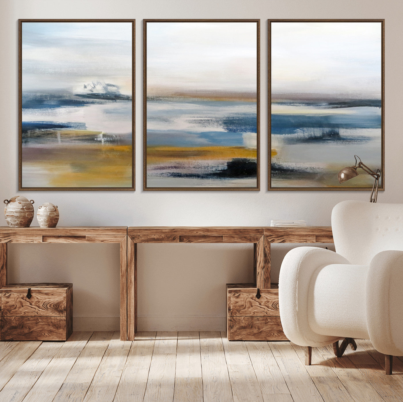 95919-MGV-CV-36X24-Abstract Landscape Wall Art Canvas | 3 Panel Modern Blue, Gold, and White Canvas Art for Living