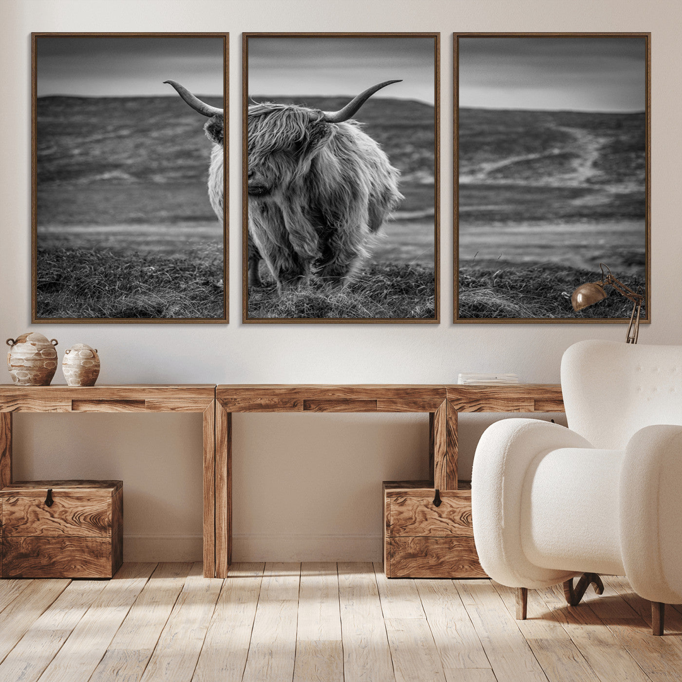 42995-MGV-CV-36X24-Fluffy Cattle Wall Art Print, Highland Cow Canvas, Framed Black and white Wall Art