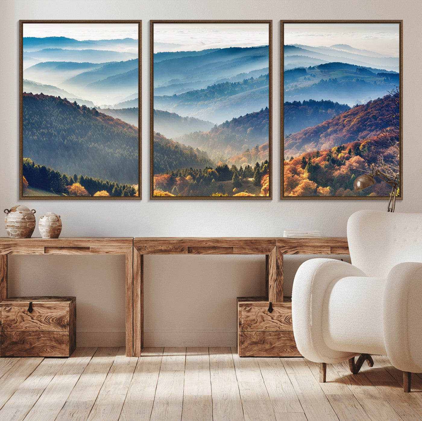 MGV-FC-60X30-3P - Misty Mountain Sunrise Triptych Canvas Print – Autumn Landscape Wall Art – Scenic Nature Decor –