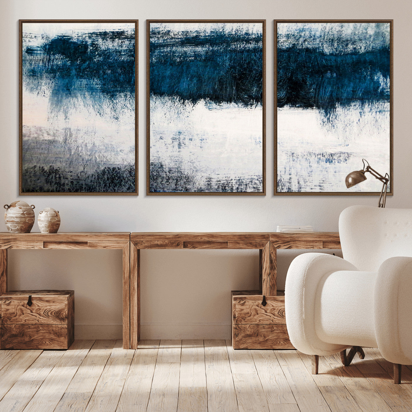 38954-MGV-CV-36X24-Abstract Blue and White Canvas Art | Large Wall Art for Modern Living Room Decor | Minimalist Brushstroke Painting on Canvas