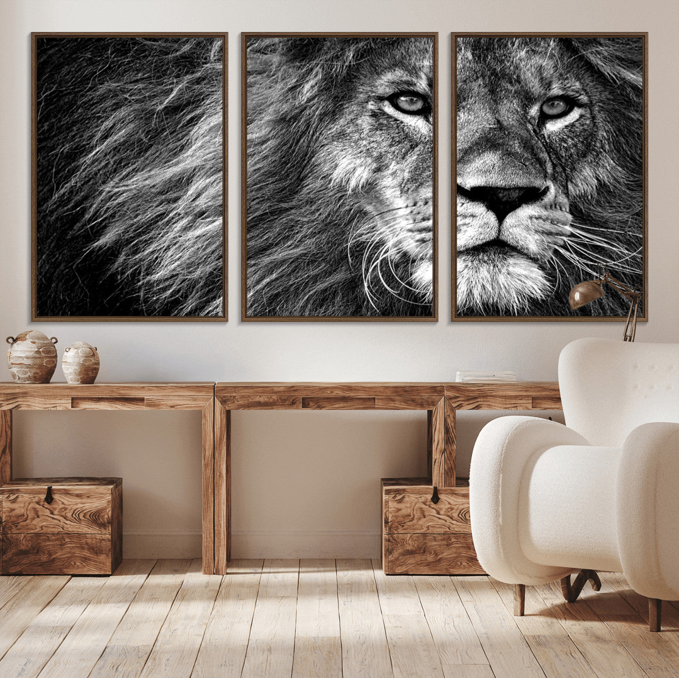 MGV-FC-60X30-3P - Black and White Lion Canvas Wall Art Print