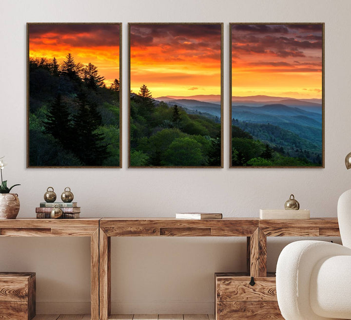 The Great Smoky Mountains Sunset Wall Art, a 3-panel print, beautifully captures natures beauty and is perfect for living room or office decor.