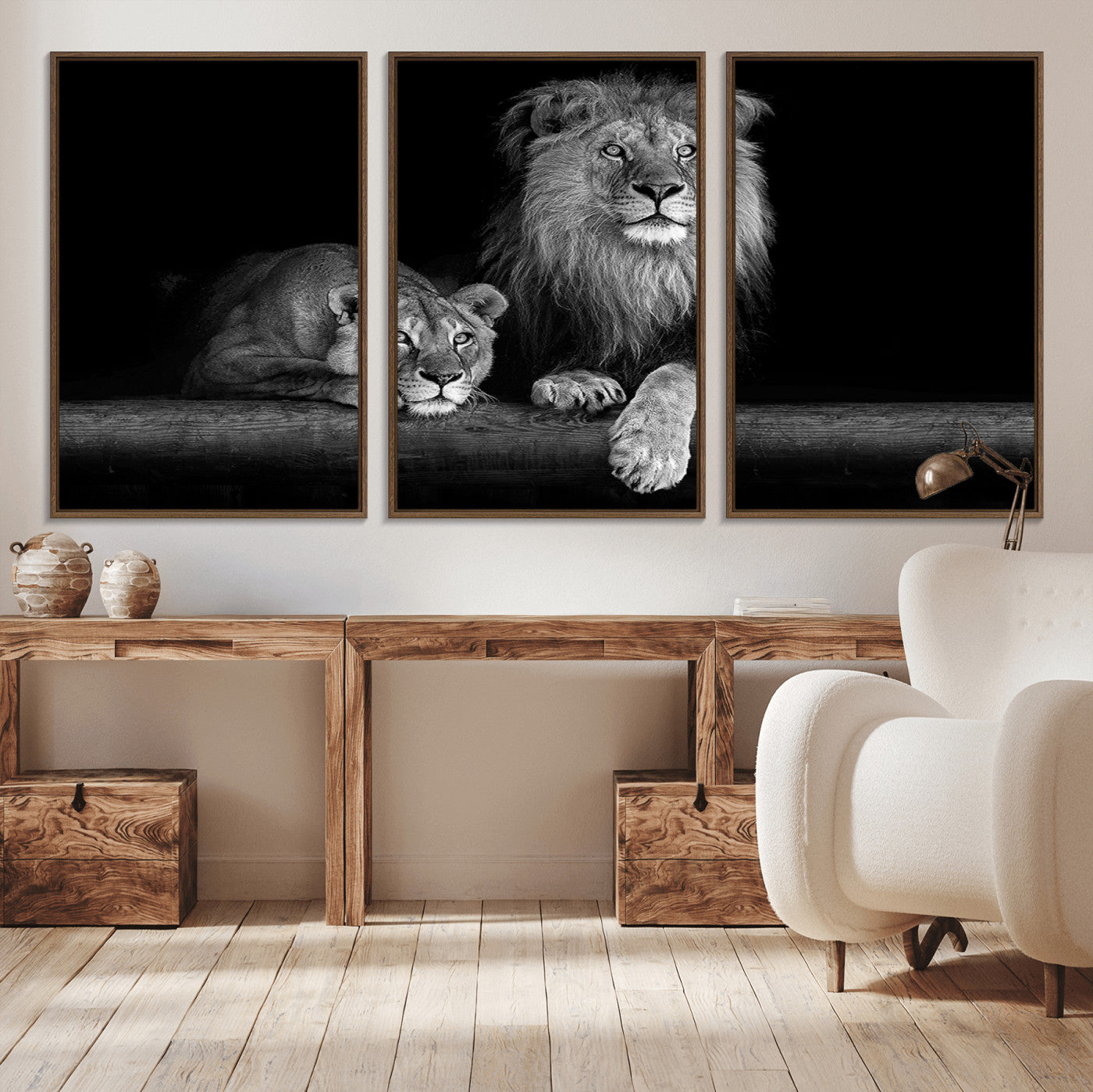 MGV-FC-60X30-3P - Large Black and White Lion Couple Wall Art Canvas Print