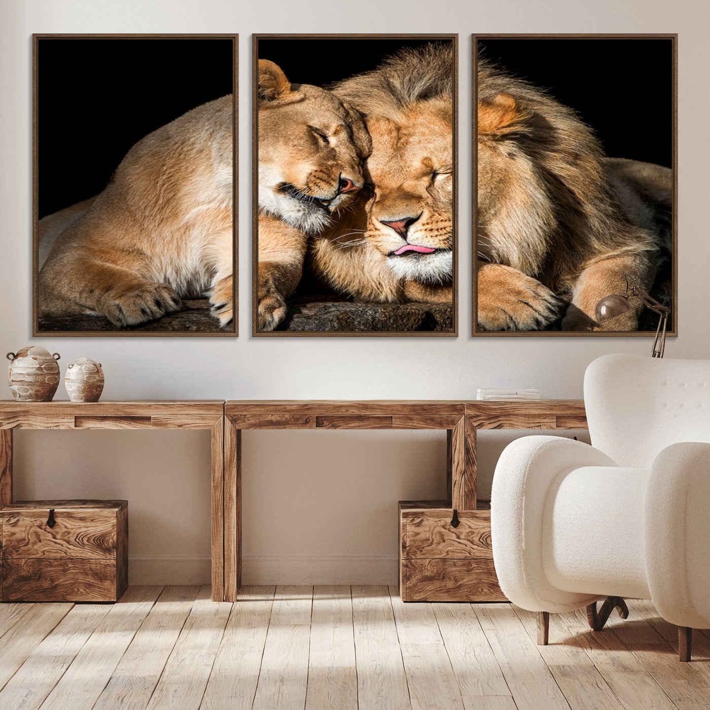 MGV-FC-60X30-3P - Lion and Lioness Wall Art Print Canvas | 3-Panel African Wildlife Canvas Print | Animal-Themed Art