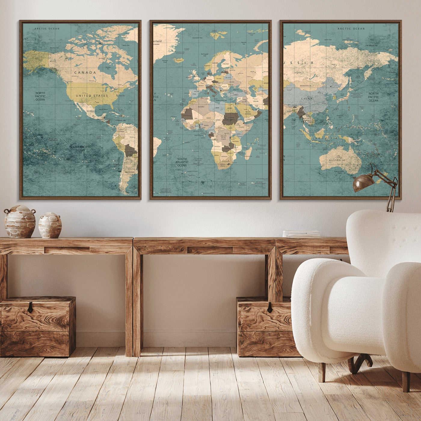 54872-MGV-CV-36X24-Classic World Map Canvas Print – Framed Vintage Map Wall Art, Retro Atlas Design for Rustic Explorer or Study Room Decor