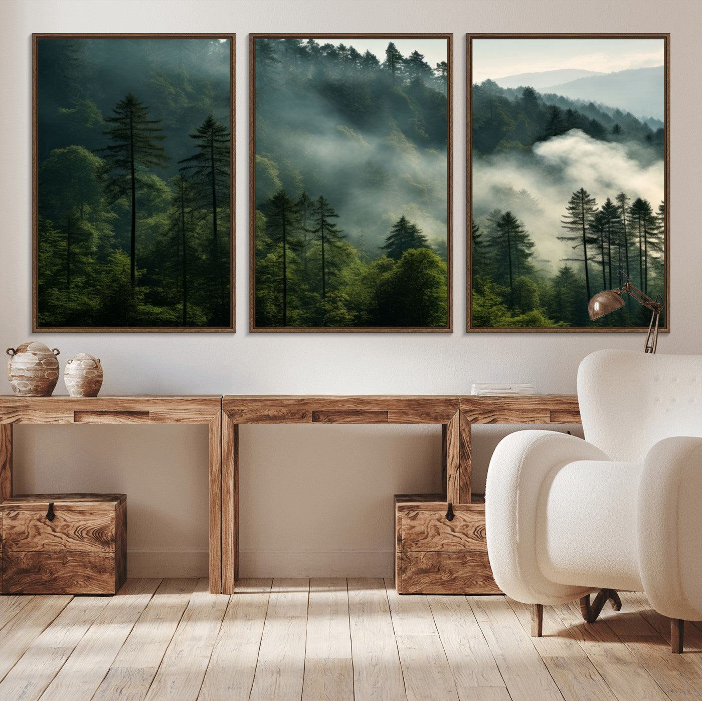 13518-MGV-CV-36X24-Misty Forest Wall Art Premium Canvas Print a Foggy and Serene Atmosphere