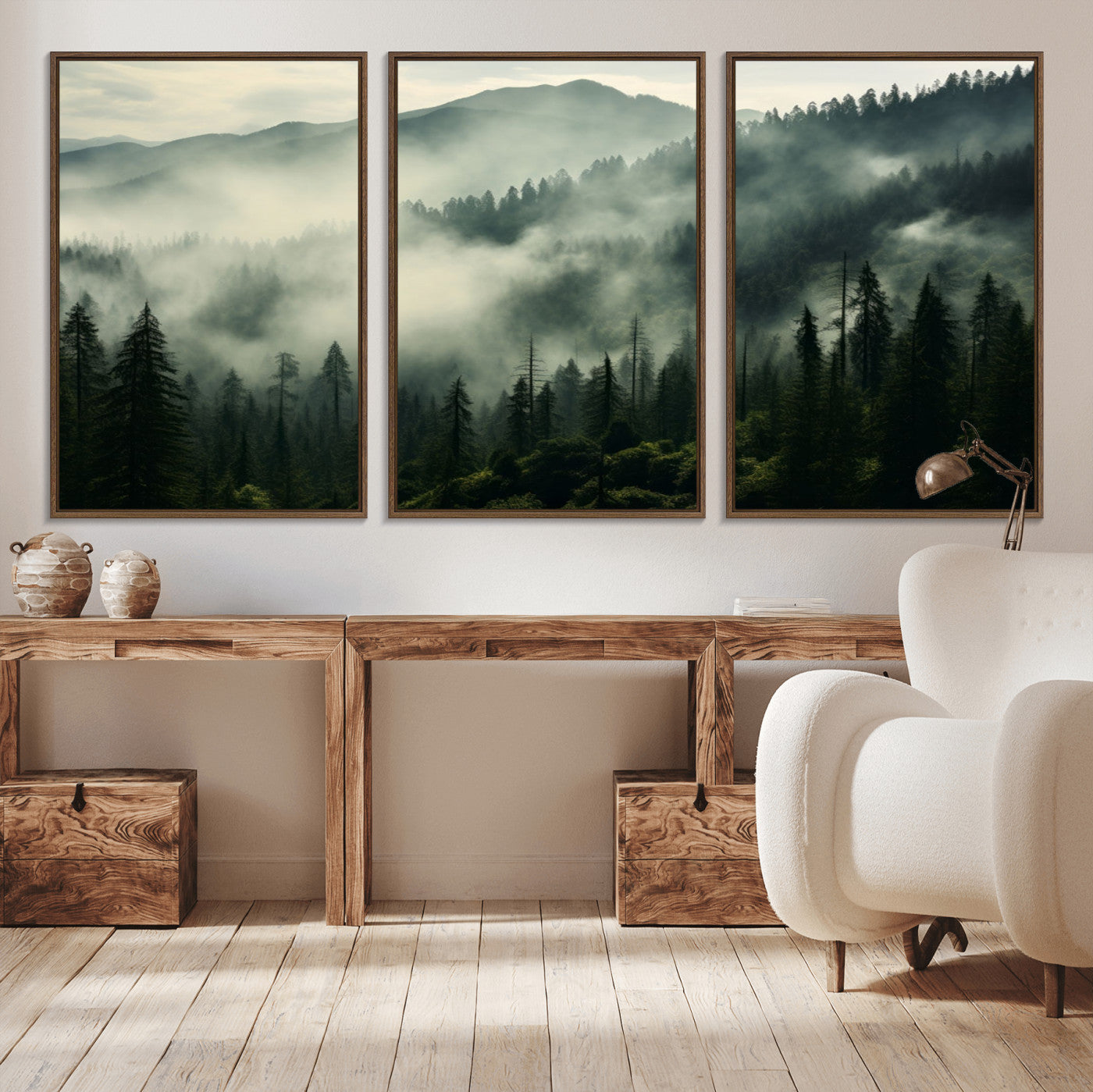 25295-MGV-FC-60X30-3P_Walnut-Captivating Misty Forest Wall Art Premium Canvas Print a Foggy and Serene Atmosphere