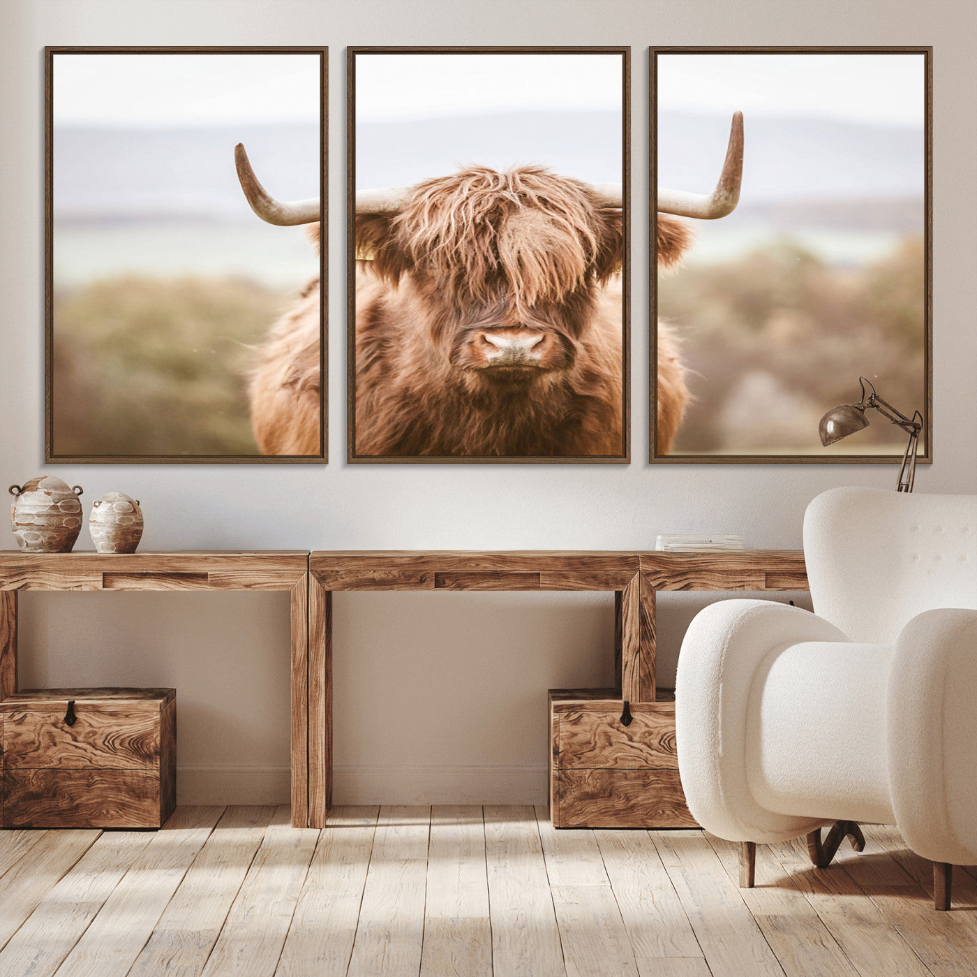 MGV-FC-60X30-3P - Scottish Serene Highland Cow Canvas Wall Art – Serene Highland Cow in Natural Pastel Tones – Ready