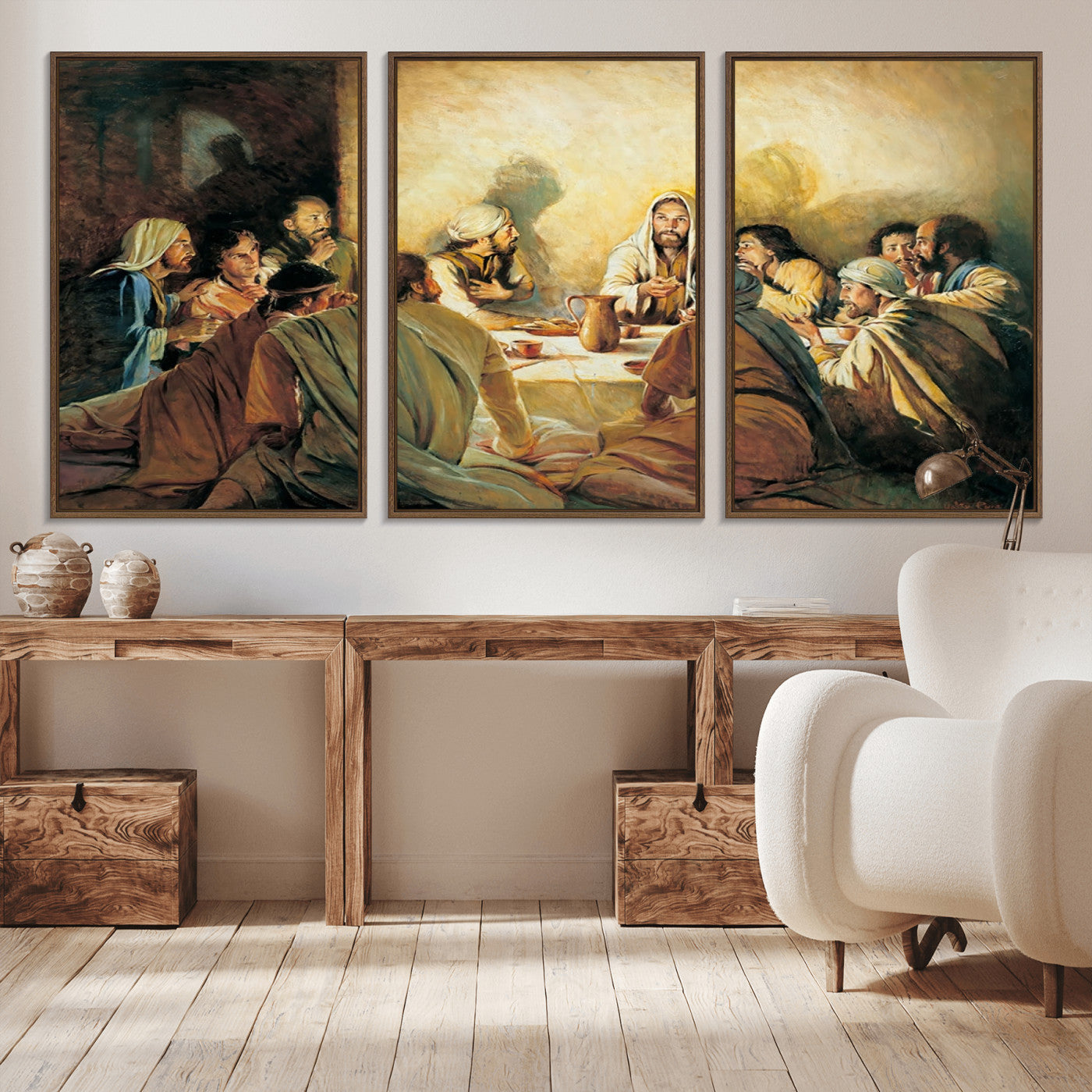Framed canvas print of the Last Supper, depicting Jesus and his disciples, perfect for religious or Christian-themed home decor.