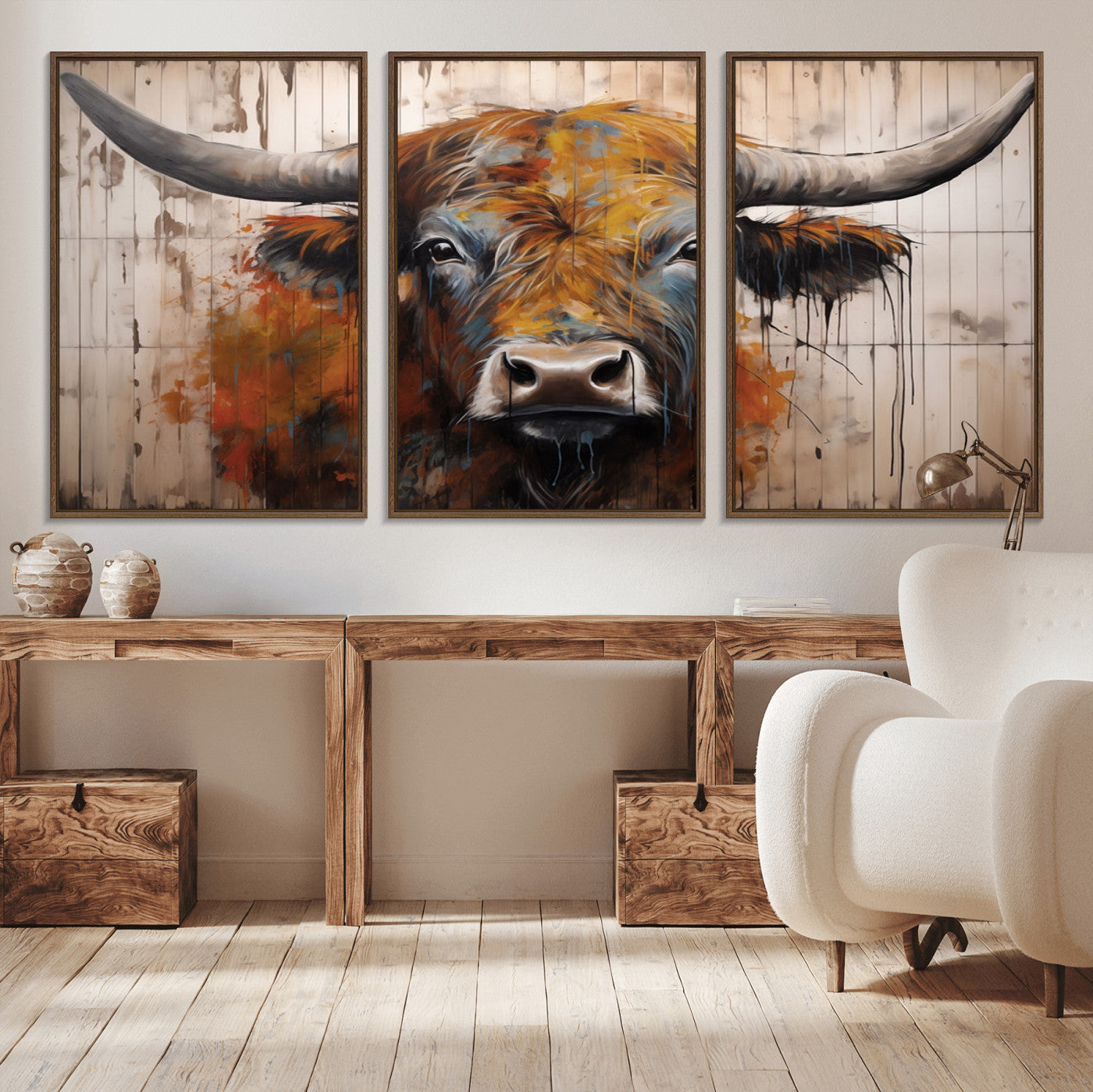MGV-FC-60X30-3P - Abstract Bull Highland Cow Canvas Wall Art Print – Vibrant Rustic Charm in Modern Farmhouse Decor –