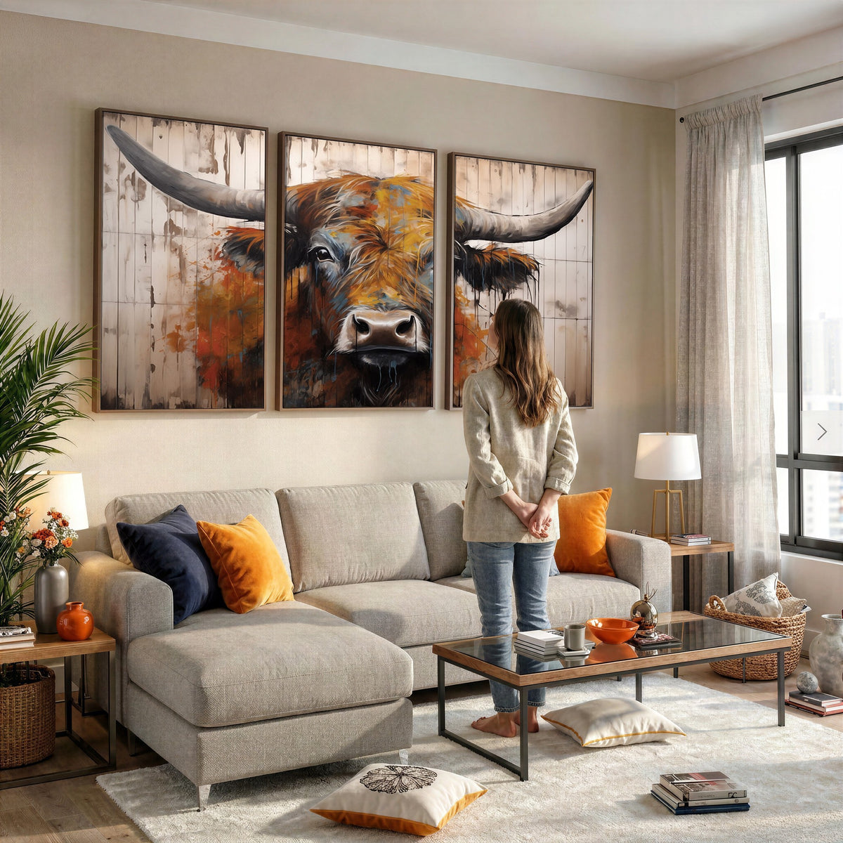 47284-MGV-CV-24X16 - Abstract Bull Highland Cow Canvas Wall Art Print