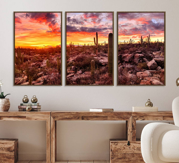 A vibrant desert sunset with cacti, perfect Western Cowboy Wall Art Print.