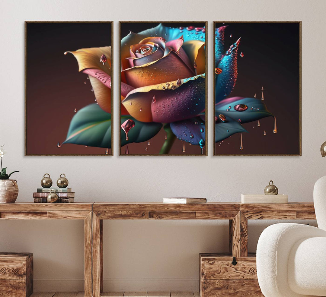 The Abstract Rose Wall Art Canvas Print displays a rose with droplets.