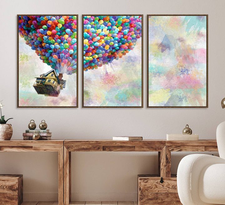 The Up Pixar Poster is a dreamy wall art depicting a house lifted by balloons.