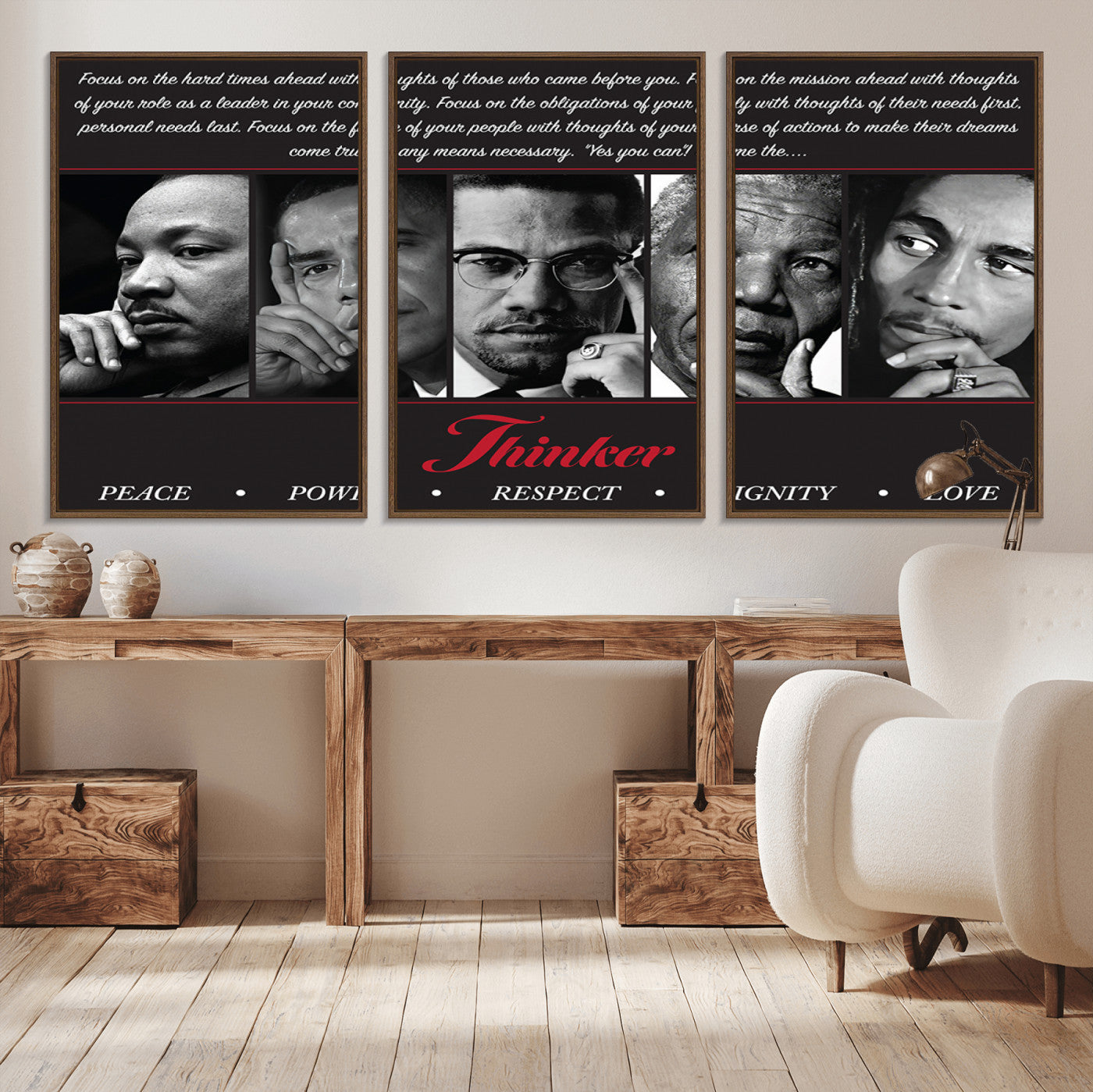 45112-MGV-CV-36X24-Thinker Quintet Canvas Wall Art – Martin, Obama, Malcolm X, Mandela, Marley Featuring Peace, Power,