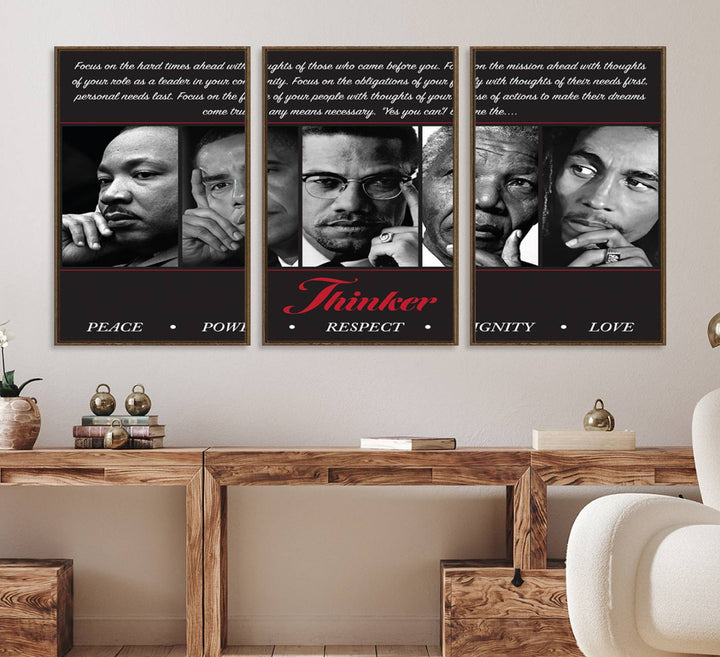 The wall art is a black and white piece featuring iconic figures accompanied by the words Thinker Peace Power Respect Dignity.