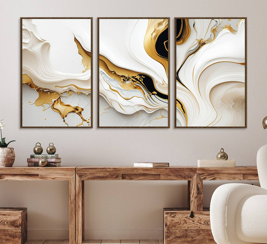 Modern interiors showcase Gold Waves on Pure White Canvas.