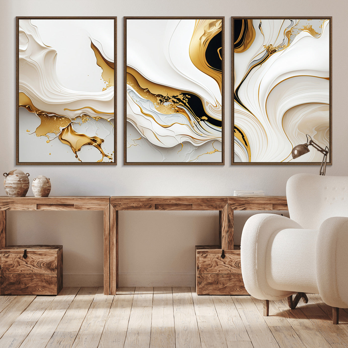 -Gold Waves on Pure White Canvas – Gold Abstract Art for Modern Interiors | Wall Art Canvas, Framed &