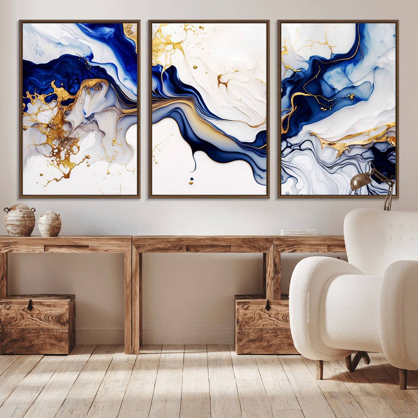 MGV-FC-60X30-3P - Golden Cascades on Midnight Blue – Deep Blue Abstract Wall Art Flowing Elegance | Wall Art Canvas,