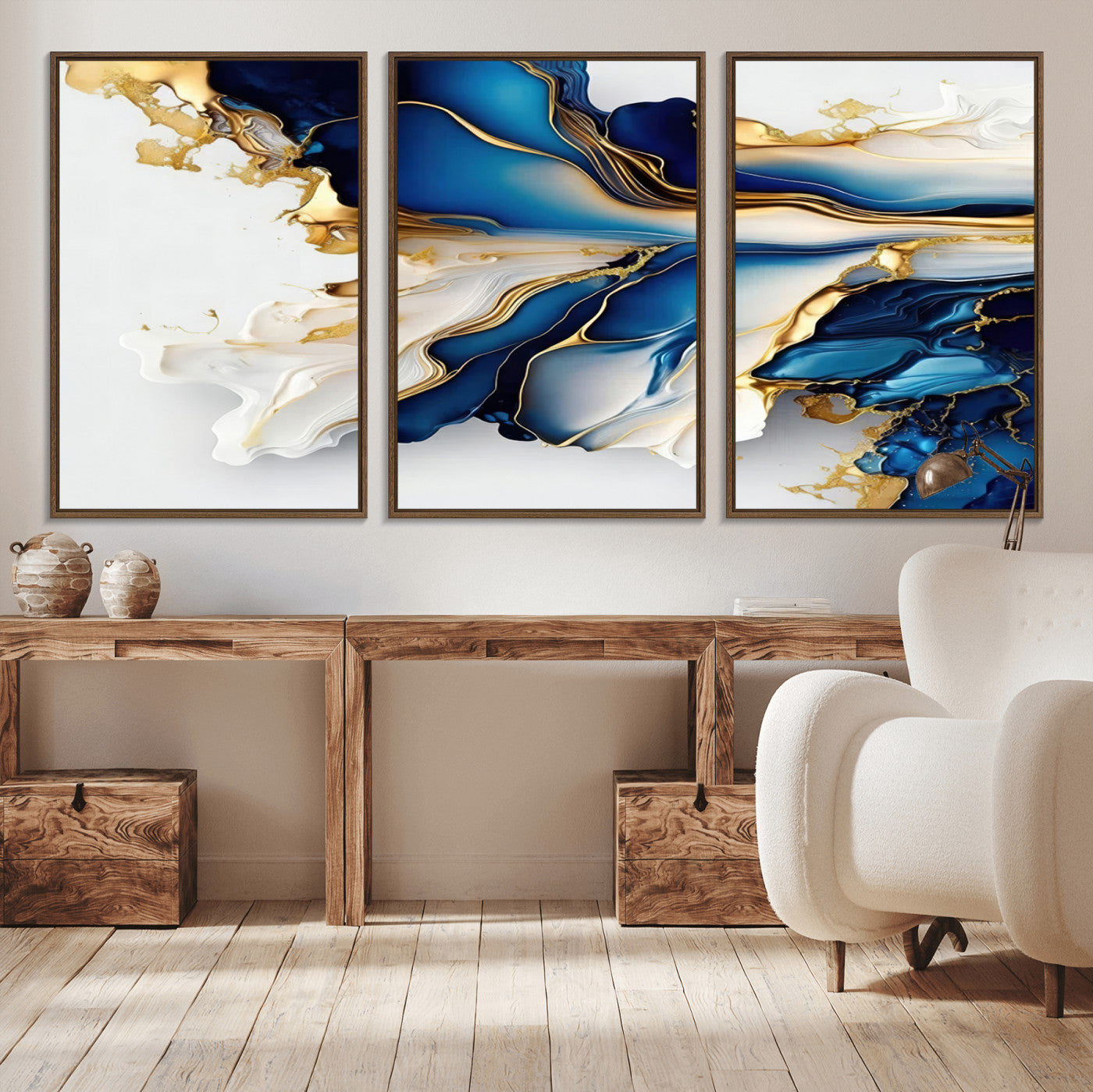 MGV-FC-60X30-3P - Gold Marble Art - Abstract Geode Gold And Blue Marble Shape 3 Pieces Wall Art Canvas Print