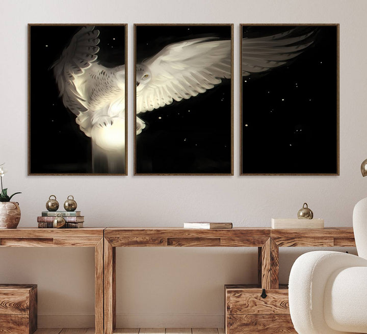 The Night Owl Art graces the wall with its depiction of a snowy owl on a glowing orb, perfect for modern decor.