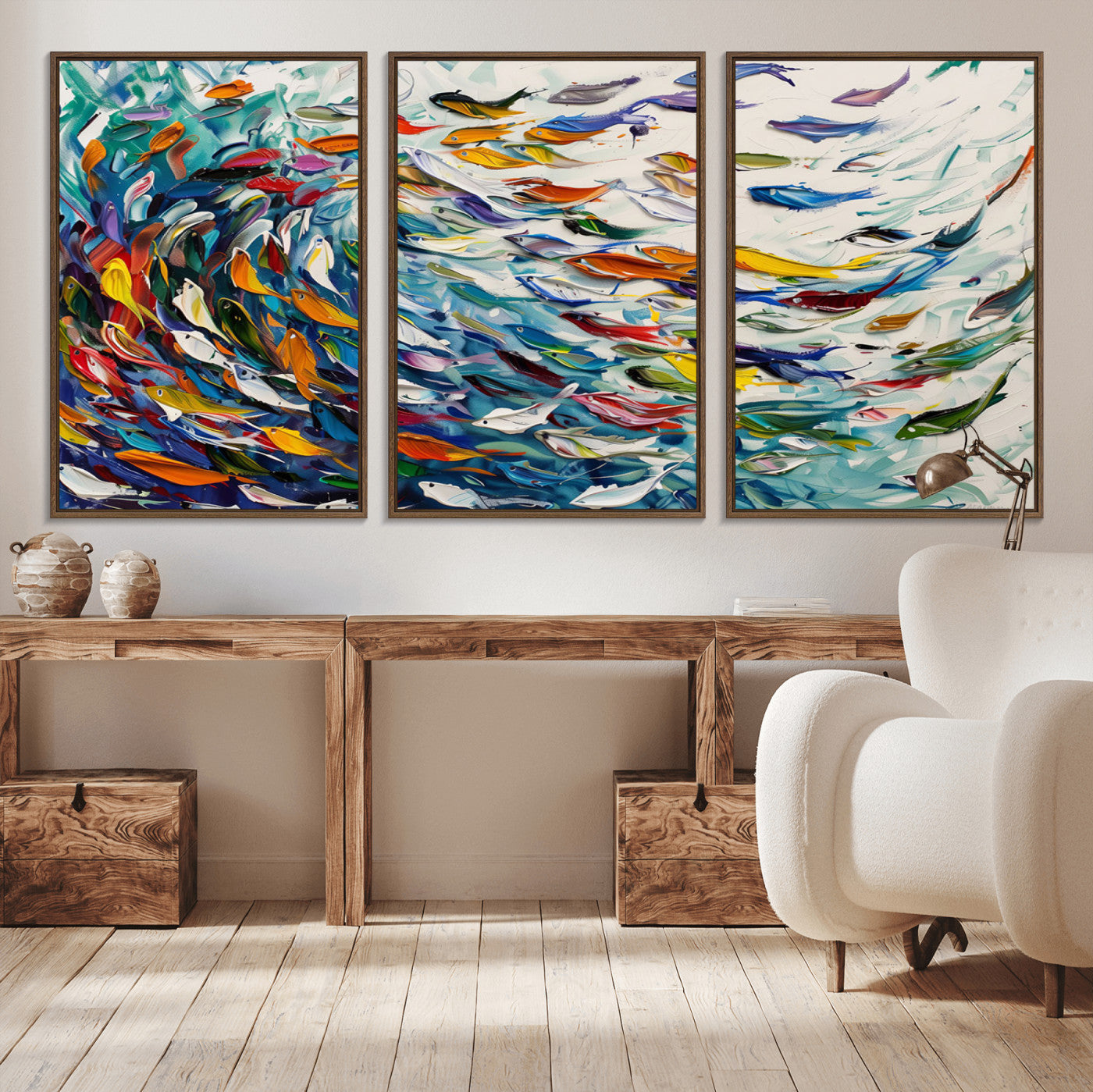 80105-MGV-FC-60X30-3P_Walnut-Modern Abstract Fish Shoal Wall Art Canvas Print, Colorful Fish Herd Painting on Canvas Print, Ocean