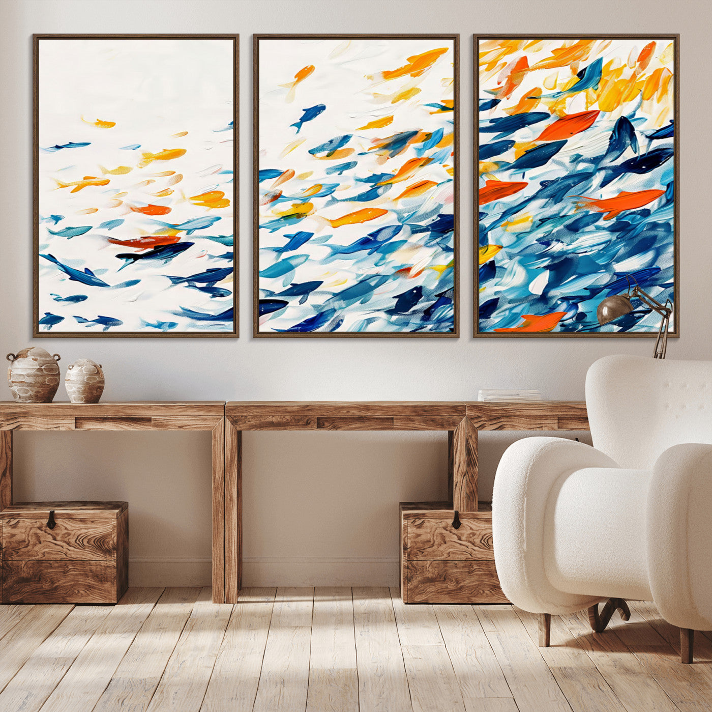 MGV-FC-60X30-3P - Abstract Fish Shoal Wall Art Canvas Print, Colorful Fish Herd Painting on Canvas Print, Ocean Animal