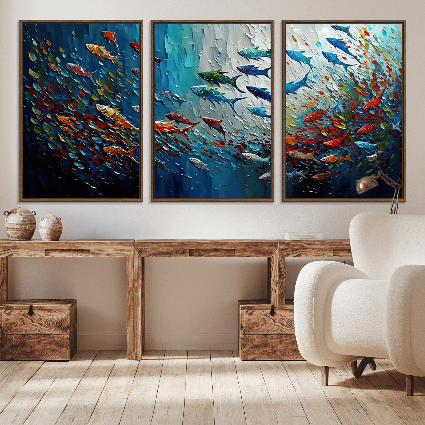 MGV-FC-60X30-3P - Modern Abstract Fish Shoal Wall Art Canvas Print, Colorful Fish Herd Painting on Canvas Print, Ocean