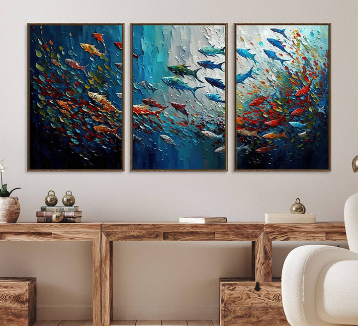 Modern Abstract Fish Shoal Wall Art features blue, red, and orange fish.