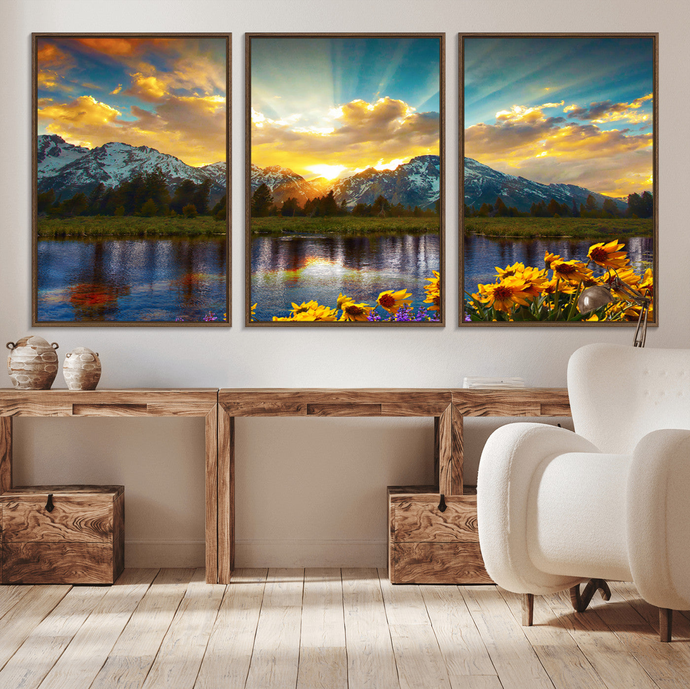 MGV-FC-60X30-3P - Grand Teton Park Amazing Mountain Landscape Sunset Wall Art Canvas Print