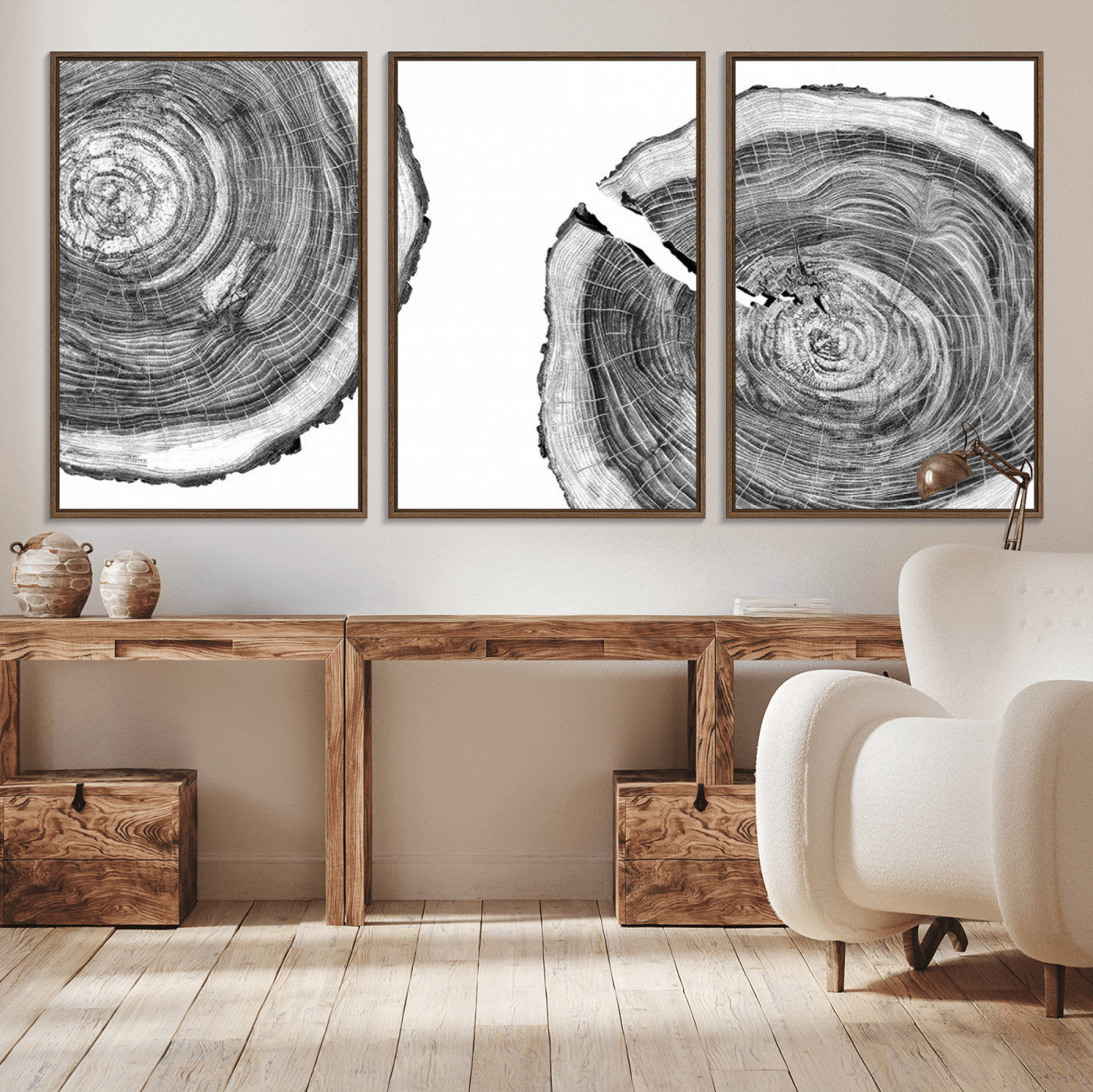 MGV-FC-60X30-3P - Modern Black and White Tree Rings Canvas Wall Art – Nature Inspired Wood Slice Print – Minimalist