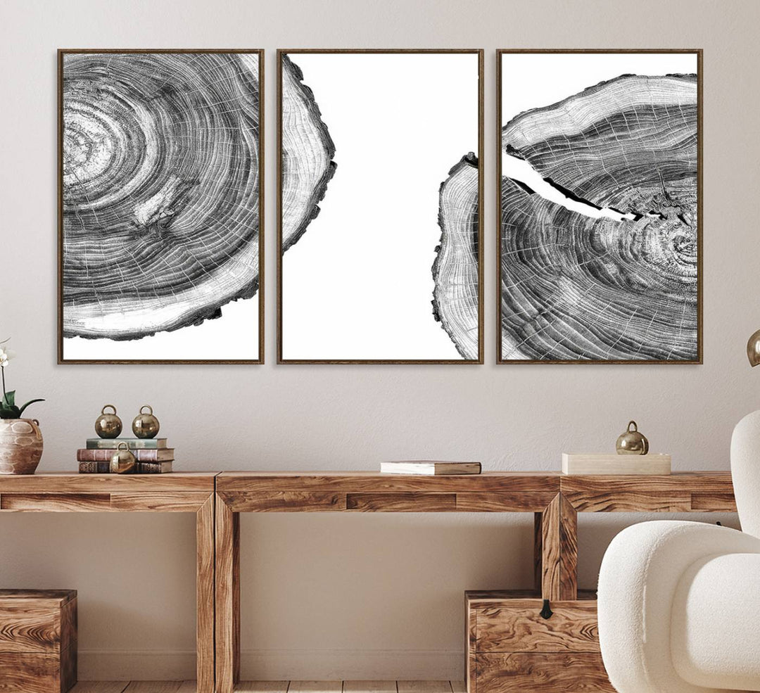 The minimalist art piece Abstract Large Tree Rings on canvas creates a striking focal point.