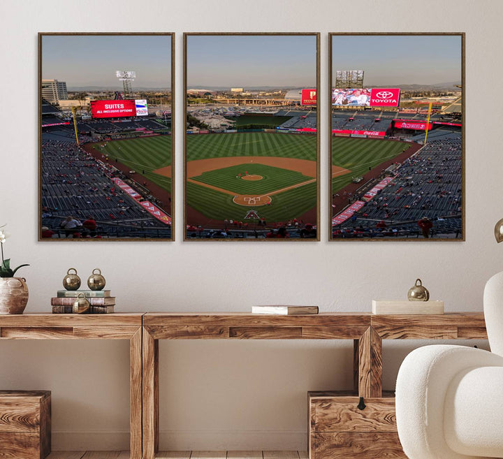 Aerial view of Angel Stadium, perfect as gallery-quality wall art - Los Angeles Angels Canvas Print.