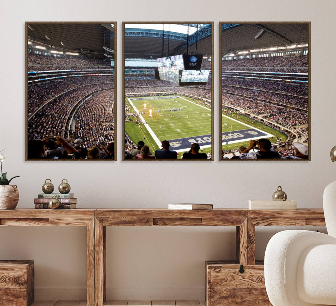 The wall art is a Dallas Cowboys AT&T Stadium Canvas Print, showcasing the iconic logo.