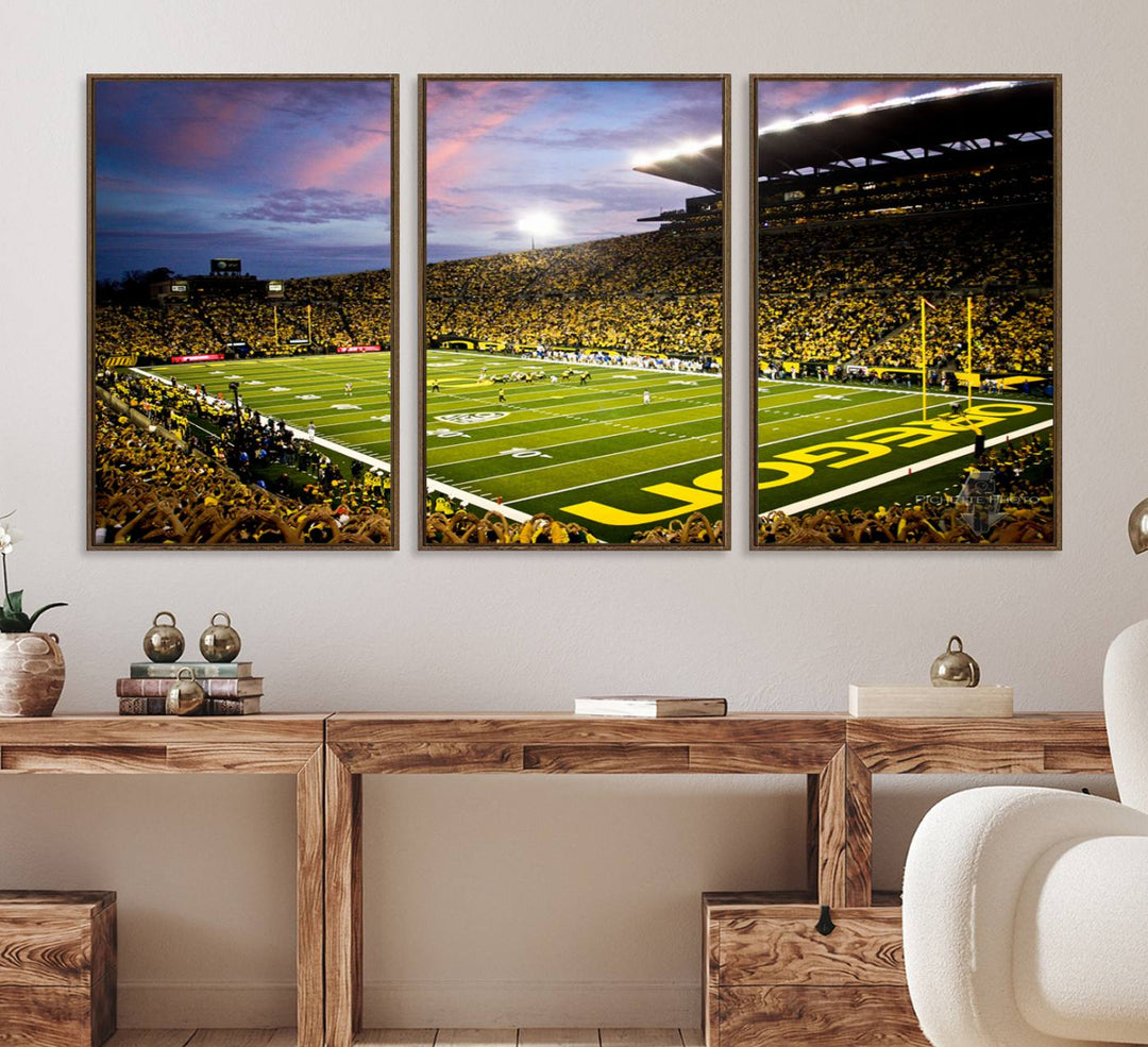 This gallery-quality canvas print features a depiction of the OREGON field filled with fans at sunset, capturing the essence of the University of Oregon Ducks Autzen Stadium.