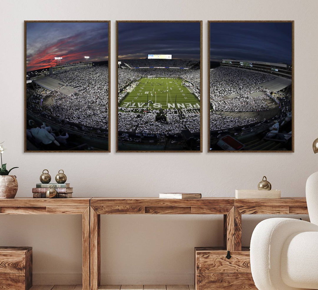 Canvas art capturing the packed Beaver Stadium at dusk, with Penn State emblazoned on the field and a sea of white-clad fans—true perfection.