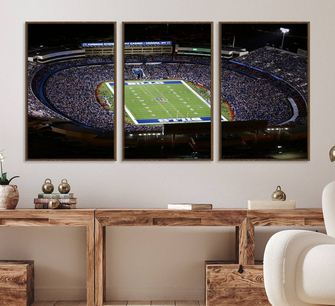 Aerial view of football stadium at night, featuring Buffalo Bills Highmark Stadium Wall Art.