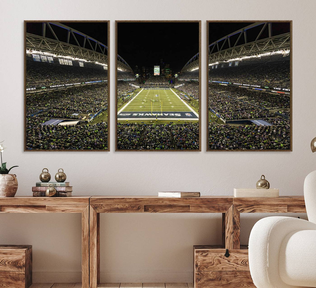 Handmade Seattle Seahawks Stadium Canvas Wall Art Print featuring an aerial view of Night football at CenturyLink Field marked Seahawks.