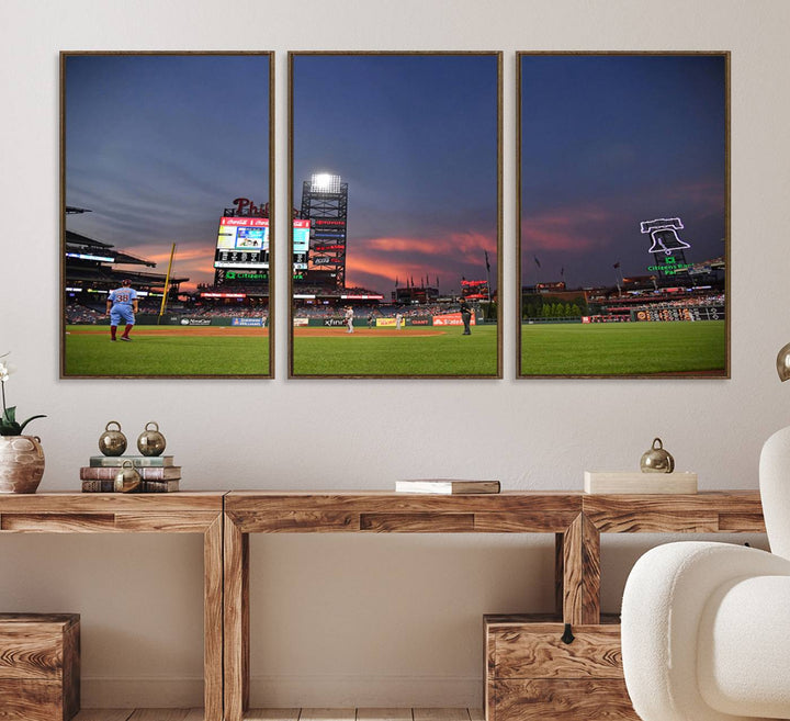 Philadelphia Phillies at sunset: Citizens Bank Park captured in a charming canvas wall art print.