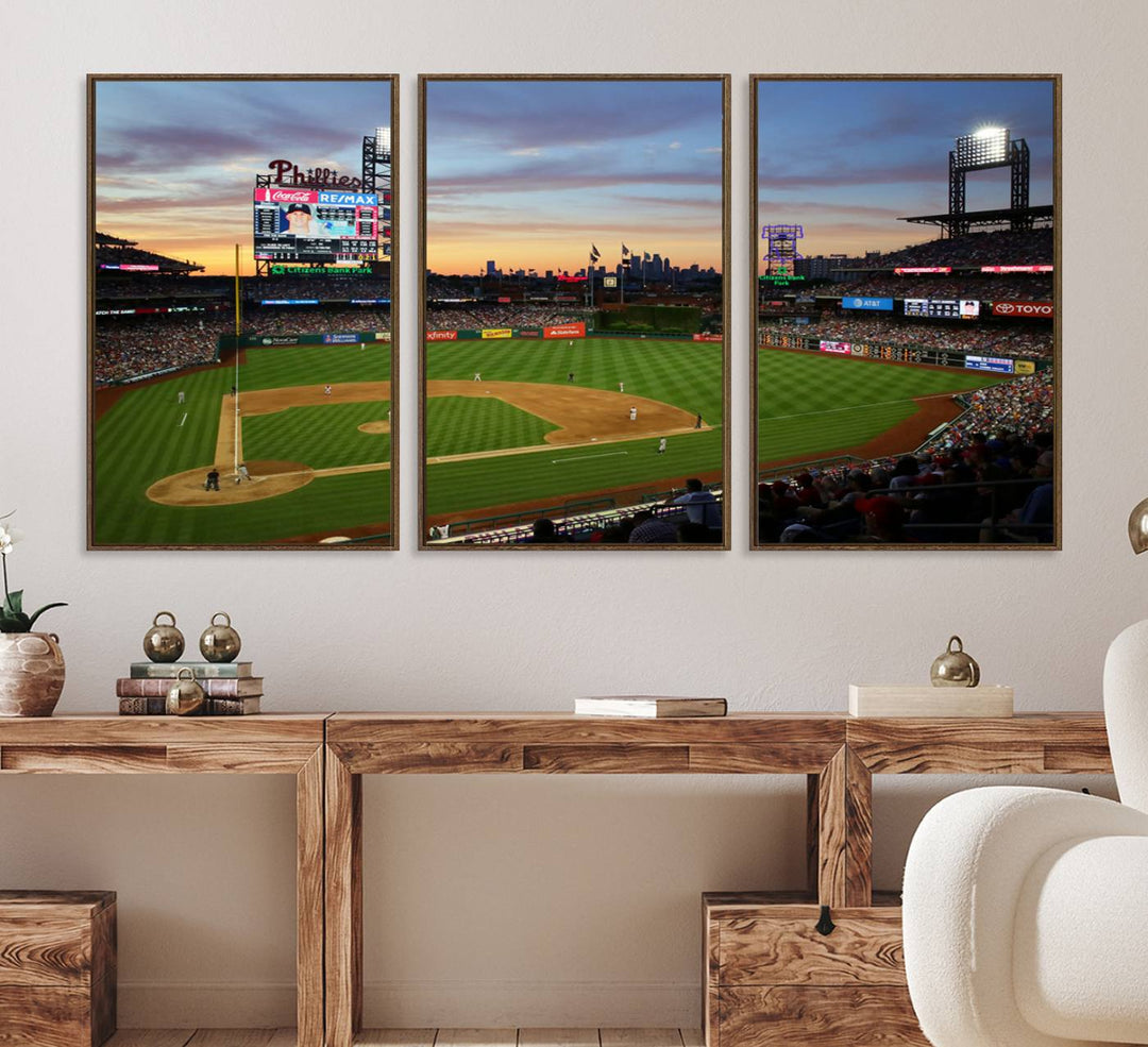 A sunset game at Citizens Bank Park depicted on a 3-panel Phillies canvas.