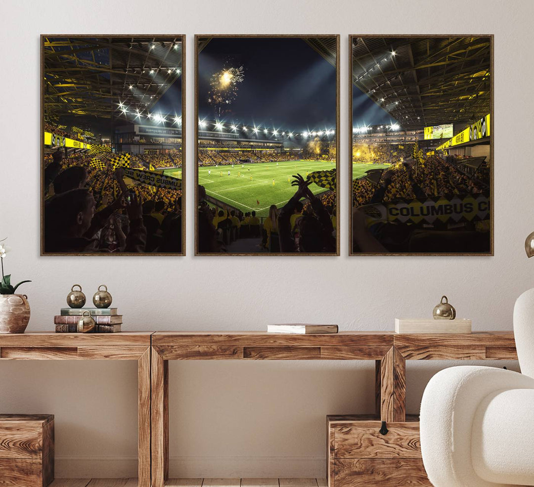 The wall art canvas print captures a packed soccer stadium scene with fans and fireworks.