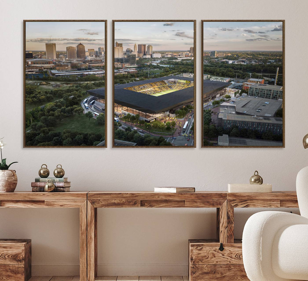 The Columbus Crew Soccer Stadium canvas art adds a vibrant touch to the room.