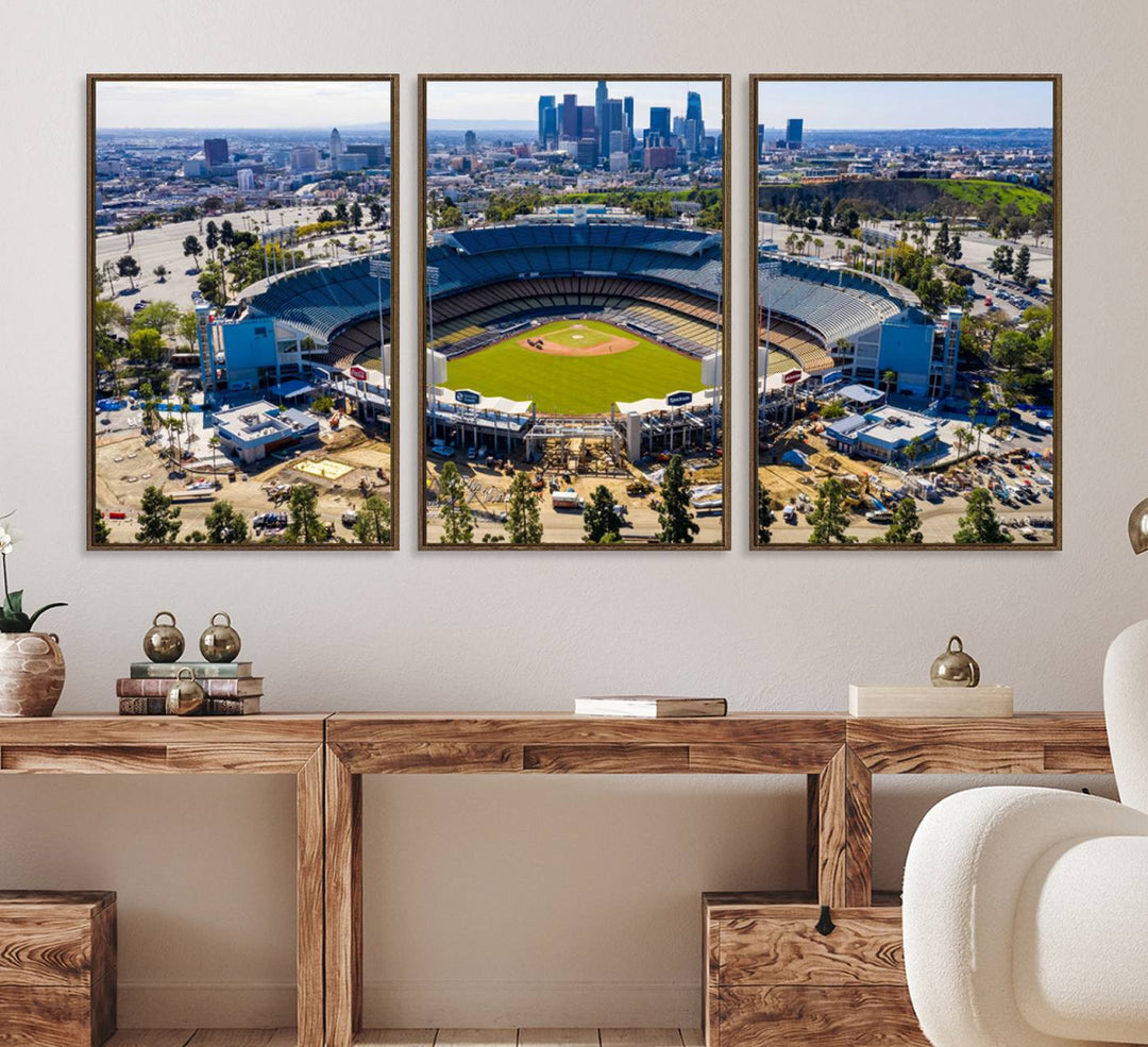 Aerial view of Dodger Stadium city skyline on a premium Los Angeles Dodgers MLB canvas print.