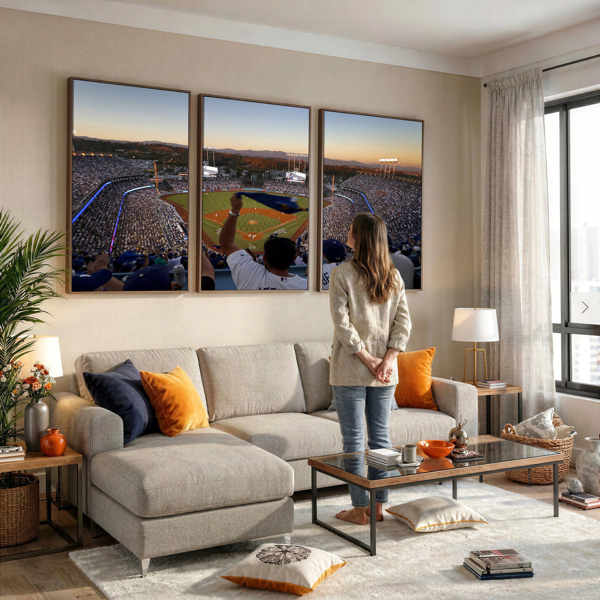 60162-MGV-CV-36X24 - Dodger Stadium Sunset Game Triple Canvas Wall Art, Los Angeles Dodgers MLB Match