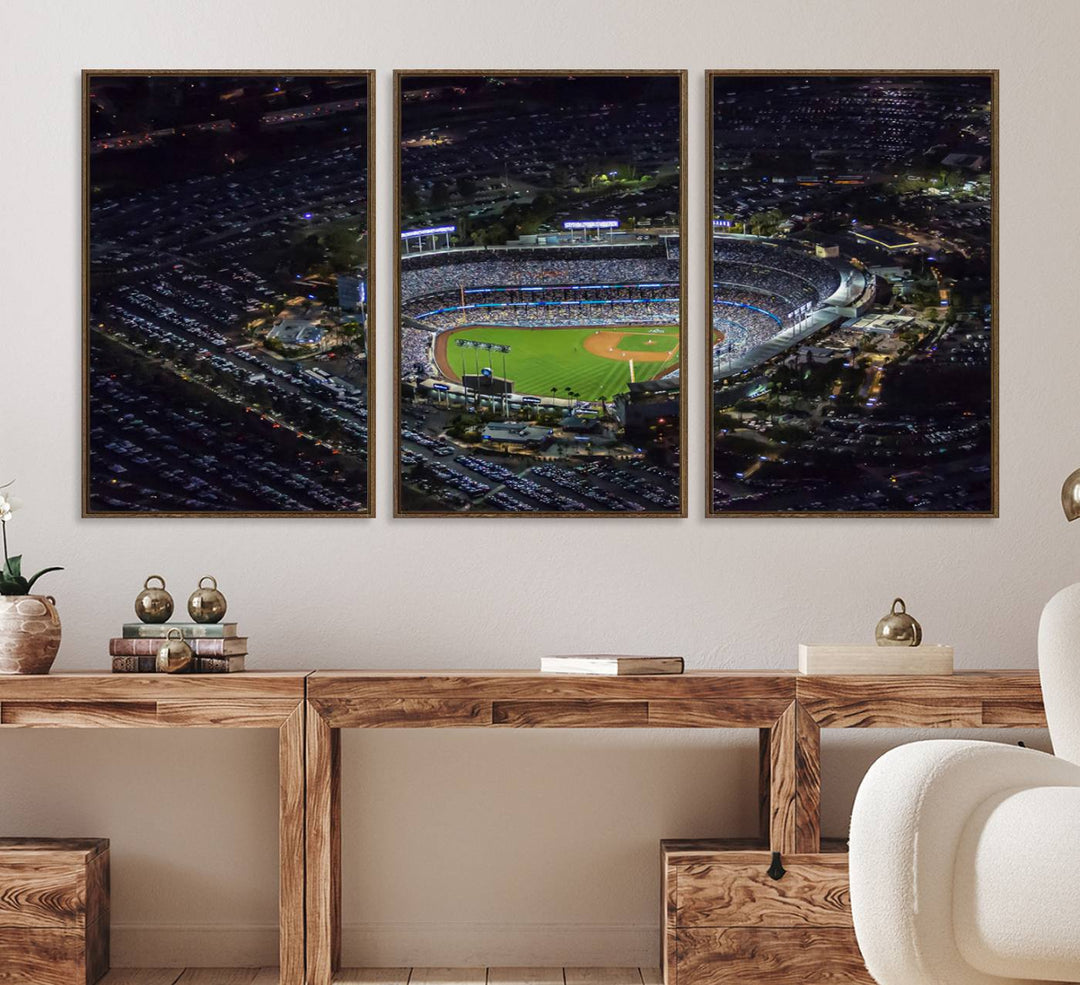 Aerial view of a lit stadium at night, featuring the Los Angeles Dodgers Dodger Stadium Wall Art.