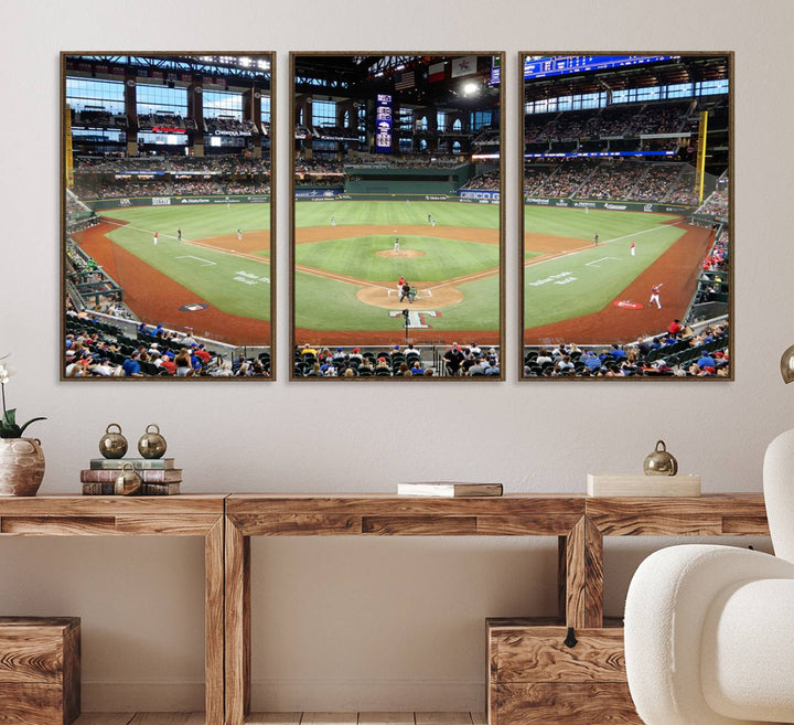 Admire the Texas Rangers Wall Art showcasing Globe Life Fields covered stadium and its lively crowd.