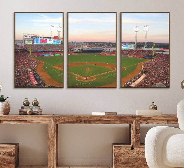 Cincinnati Reds game at sunset: Stadium wall art canvas.