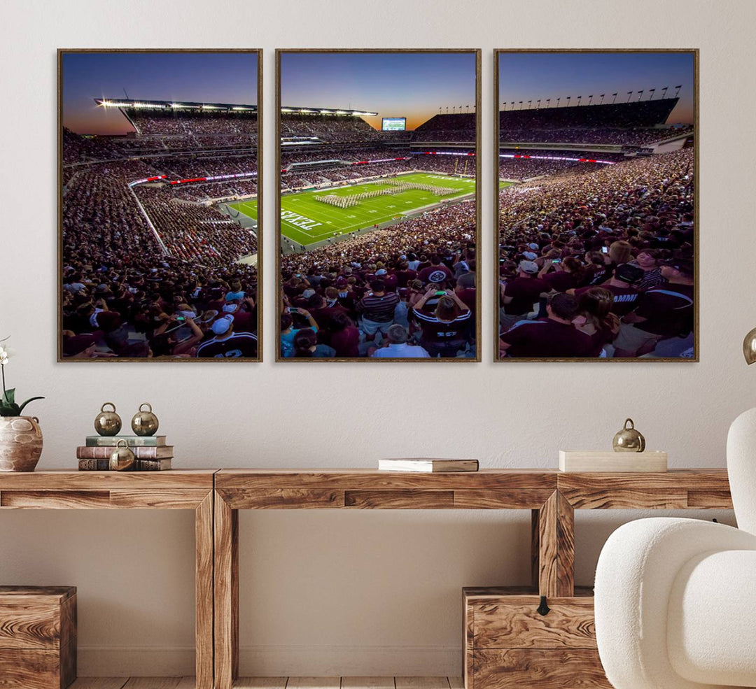 A vibrant canvas print of Texas A&M Aggies at College Stations Kyle Field Stadium captures the energy of fans cheering as the band marches at sunset.